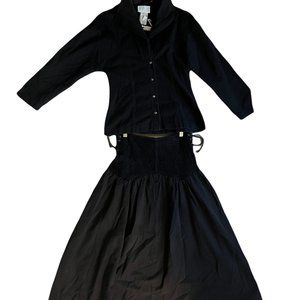 80s black denim skirt and jacket set with lace details